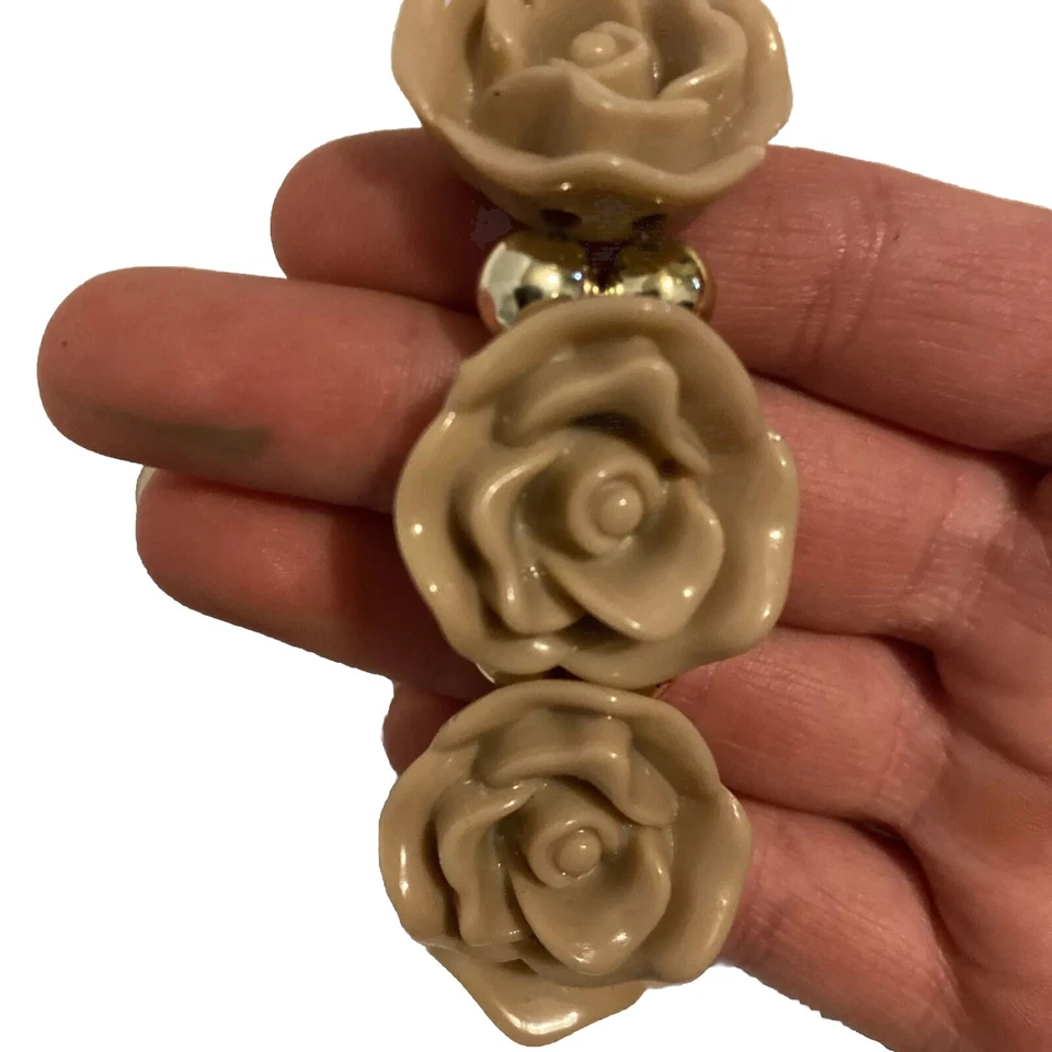 Brazalete Lucite Bead Stretch 7” Tono Dorado Brillante Polvoriento Rosa Beige 3D Rosa Flor Foto 4 de 4