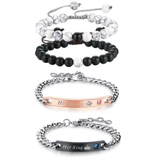 4PCS Stainless Steel His Queen Her King Couple Bracelet and Buddha Bead Bracelet