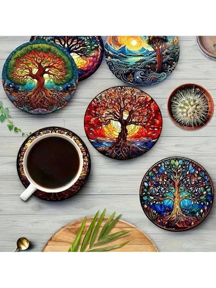Tree of life Wooden Coaster Set for kitchen dining room 8 Pieces