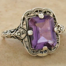 GENUINE 2.5 Ct BRAZILIAN AMETHYST 925 STERLING SILVER ART DECO STYLE RING   918X