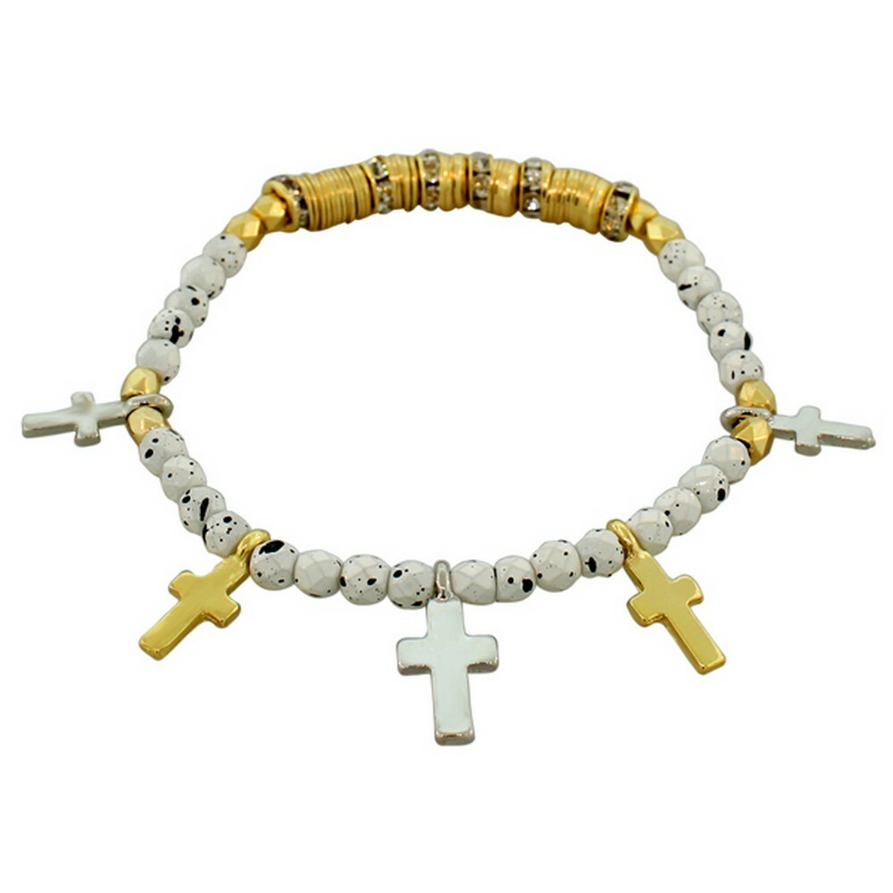 Fashion White Gold Silver Latin Cross Religious Stretch Beaded Bangle Bracelet