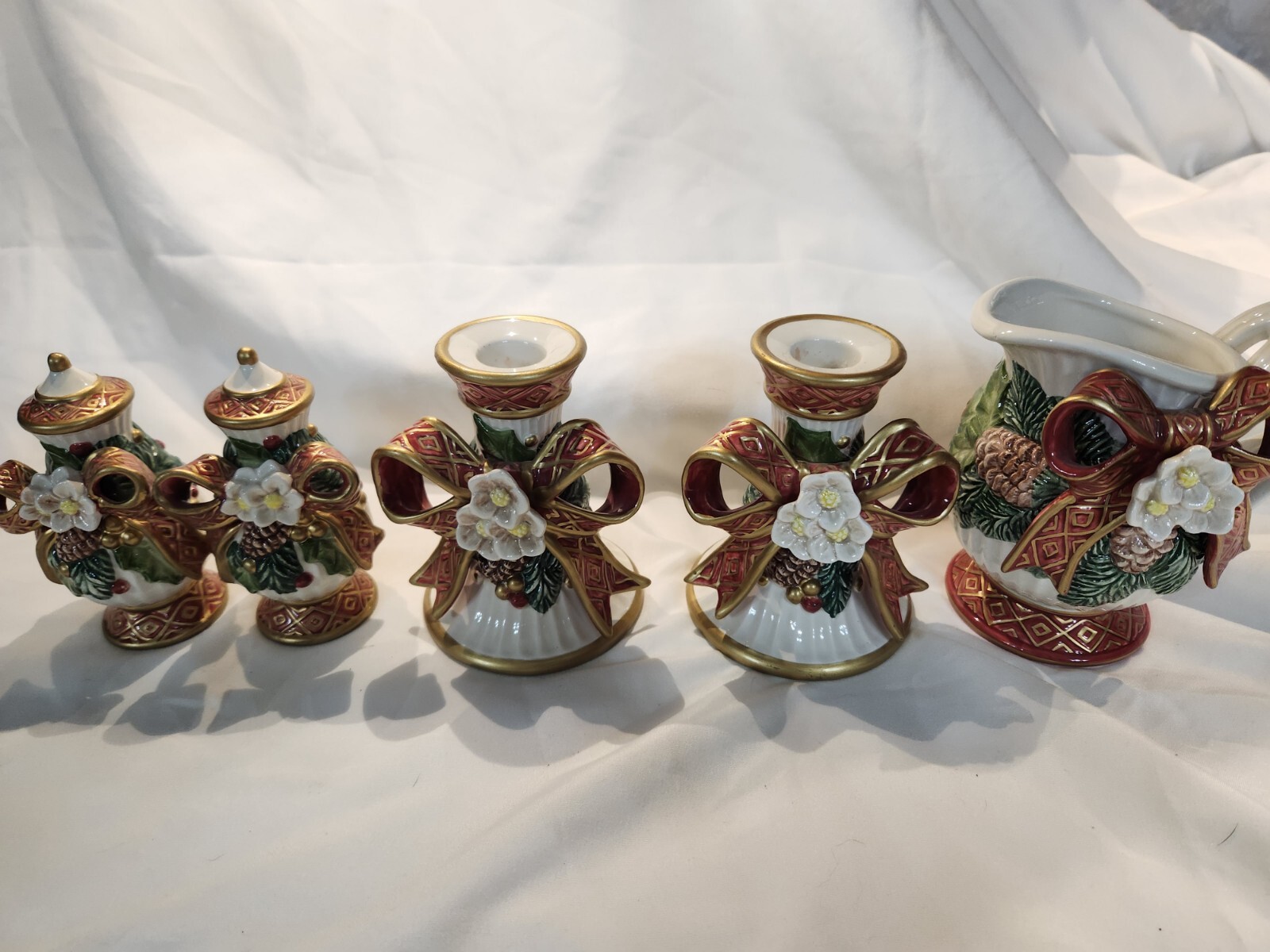 Fitz And Floyd Christmas Rose, Salt & Pepper, Candle Holders & Creamer