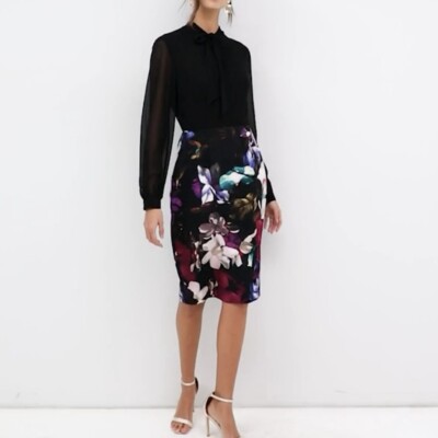 Paper Dolls Printed Pencil Dress Tie Neck Womens Sz 12 Black Purple Floral  | eBay