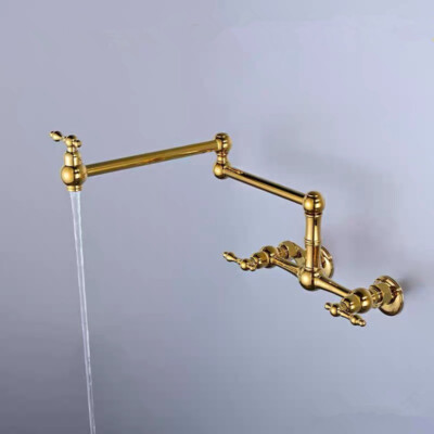 Ti Gold Brass Wall Mount Folding Kitchen Faucet Hot+Cold Mixer Tap Dual Handles