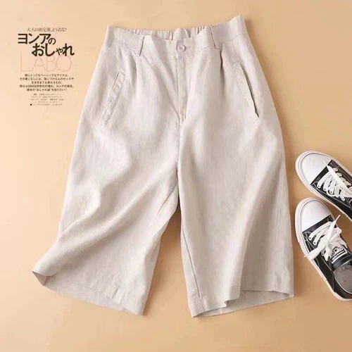 Pantaloncini donna lunghi larghi cotone lino lunghezza ginocchio con tasche leggeri - Foto 2 di 19