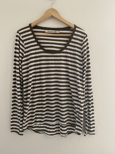 MICHAEL STARS Striped Long Sleeve Top Supima OS Fits Most Olive Green White - Afbeelding 1 van 7