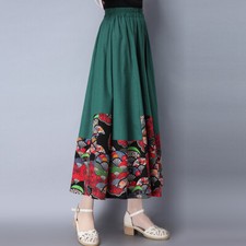 Damen Floral Midi Rock Baumwolle Leinen Boho A-Linie Vintage Hippie