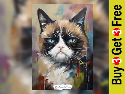 Ausdrucksstarke mürrische Perserkatze Ölgemälde Druck 5'' x 7'' auf mattem Papier