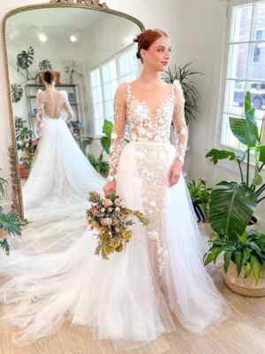fall cocktail dress Sheer Bodice and Long Sleeve Floral Lace A-line Wedding Dress Backless –  Rosymae main image 0