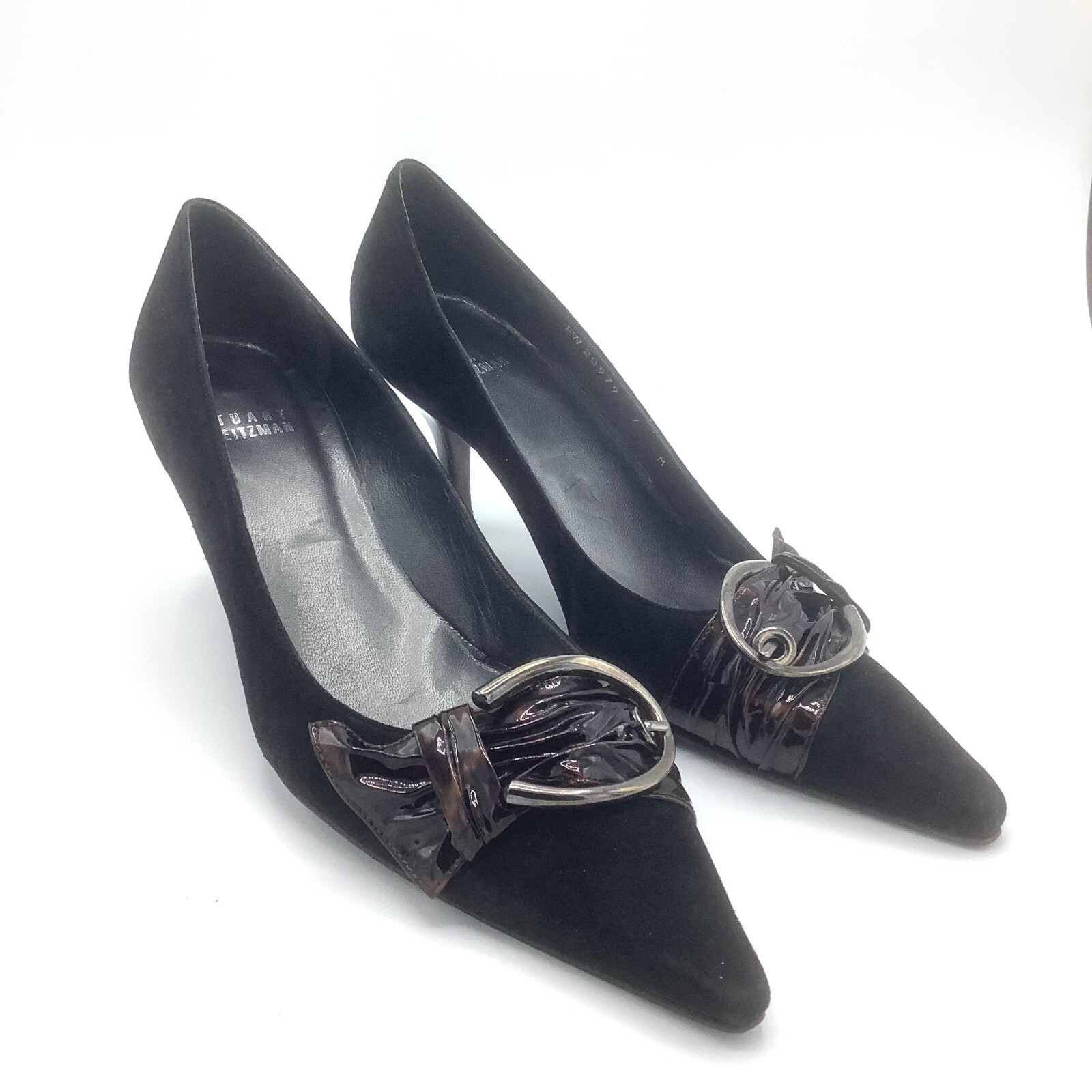 Stuart Weitzman Shoes Sz 7 Black Pointed Toe Buckle Suede Pump Heels