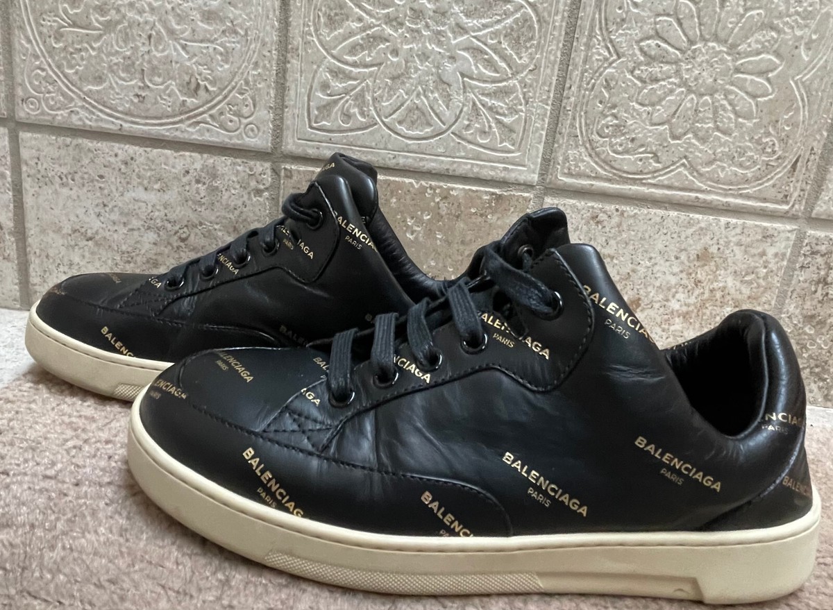 Authentic Balenciaga All-Over Logo Black Leather Sneakers Authentic Balenciaga All-Over Logo Black Leather Sneakers
