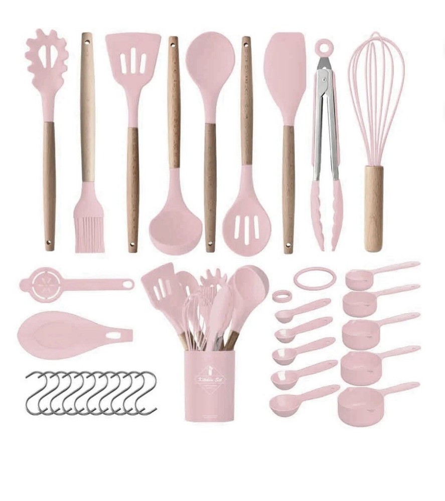 VIVAYO Kitchen Utensils Set, 32 Pcs Non-Stick- Silicone- Pink