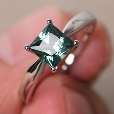 lab created Green Sapphire Anniversary Ring Princess Cut silver Solitaire rings