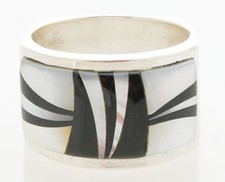 Navajo Handmade Sterling Silver with Onyx and Mother of Pearl Inlay Ring Size 10