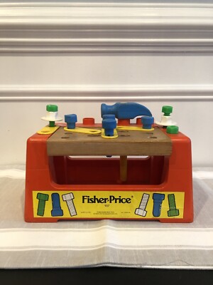 Vintage 1980's Fisher Price Wood Top Workbench Toy with Tools