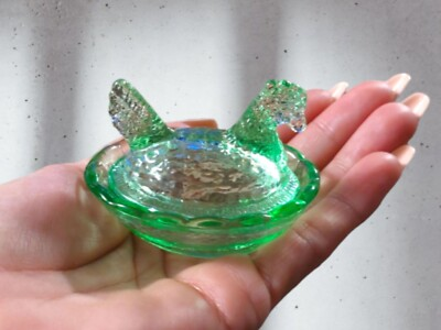 #ad #ad Green Depression Style Glass Mini Hen on Nest Chicken Salt Dish Vintage Style $14.95