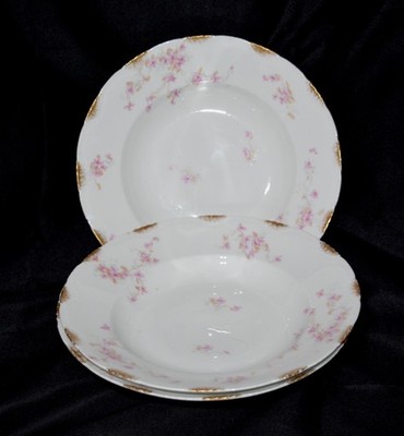3 Theodore Haviland Limoges France Pasta Bowls VTG Gold Gild Floral Plates 9.5''