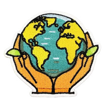EARTH - WORLD GLOBE with HANDS -   Embroidered Iron -On Patch