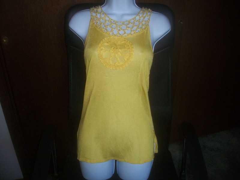 womens yellow silk crochet beaded tank  sleeveless size medium