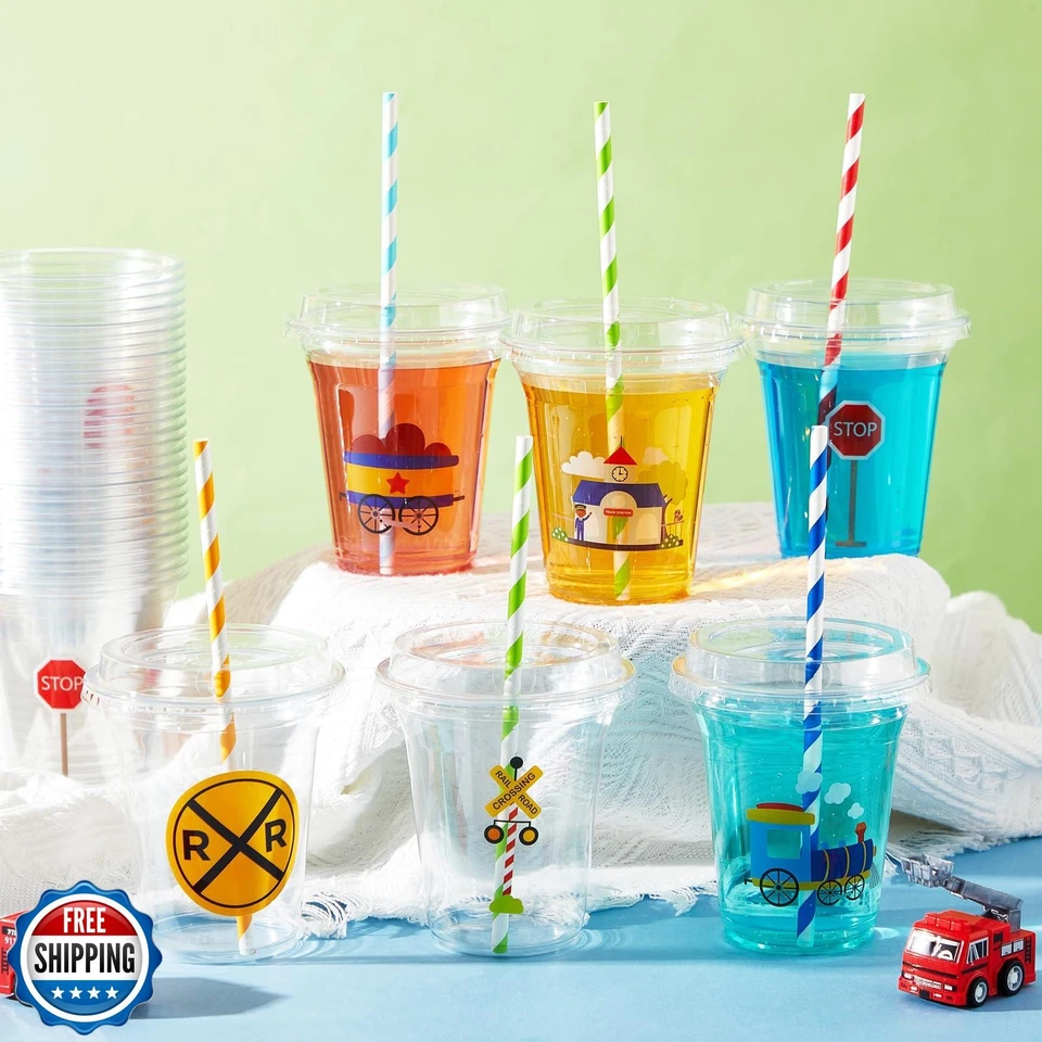 Boao 36 juegos de tazas de fiesta temáticas de tren con tapas y pajitas de papel 14 oz cumpleaños Foto 4 de 4