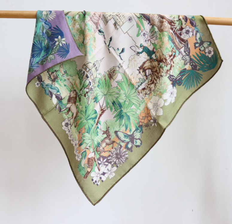 70%Cashmere 30% Silk Bandana Wrap Double Face Neck Scarf 26'' Coconut tree Print