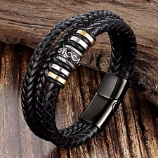 Men s Black Braided Leather Cuff Bracelet Mag...