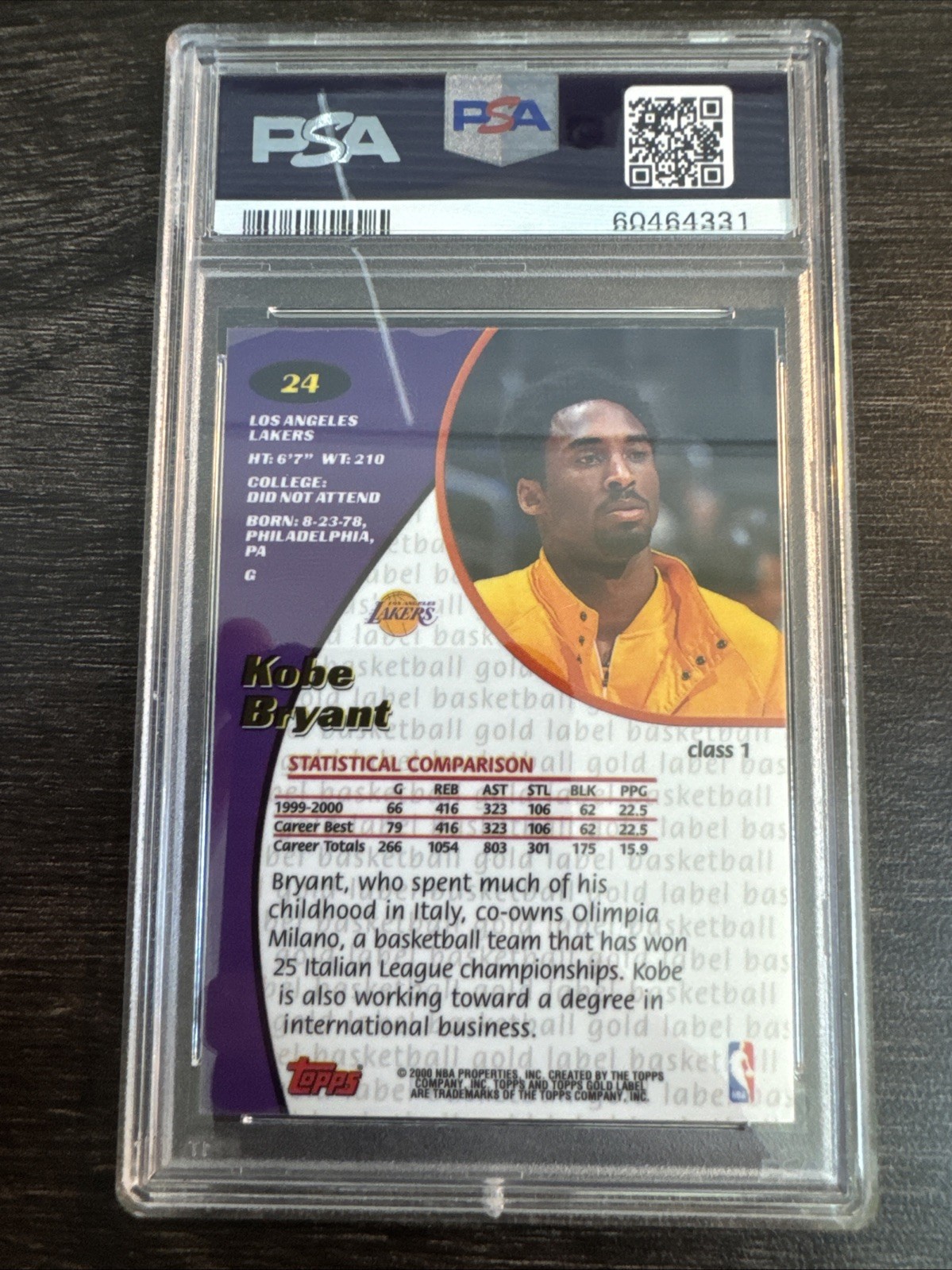 Topps 2000-01 Gold Label Kobe Bryant #24 Class 1 Lakers PSA 5 view 2