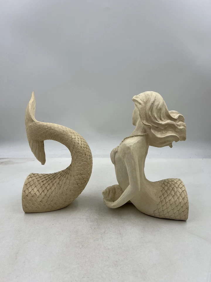 Mermaid Bookends Set of 2 Wood Carved Look Nautical Coastal Beach Decor Statue - Image 3 of 4