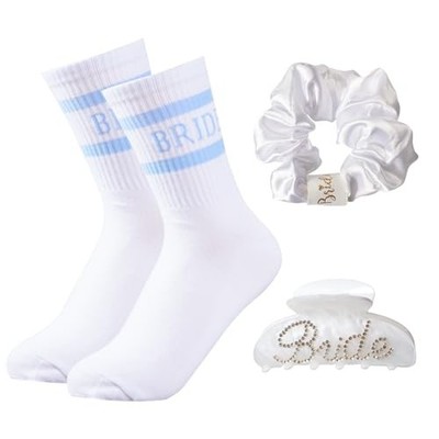 Socks for Wedding+Hair Clip+Satin Scrunchies for Bridal Shower, Bride