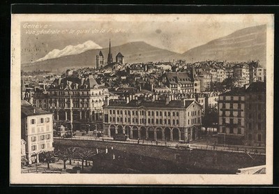 Postcard Genève, Vue gènèrale etle quai de la Poste, tram 1920 