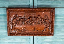 Vintage Last Supper Jesus Apostles Burwood Pressed Wood 3D Relief Plaque 15"x9"