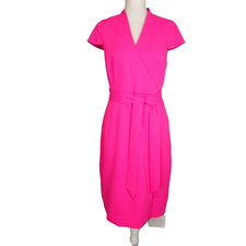 J. Crew neon Print Pink Faux Wrap Midi Dress v neck short slv sz 8