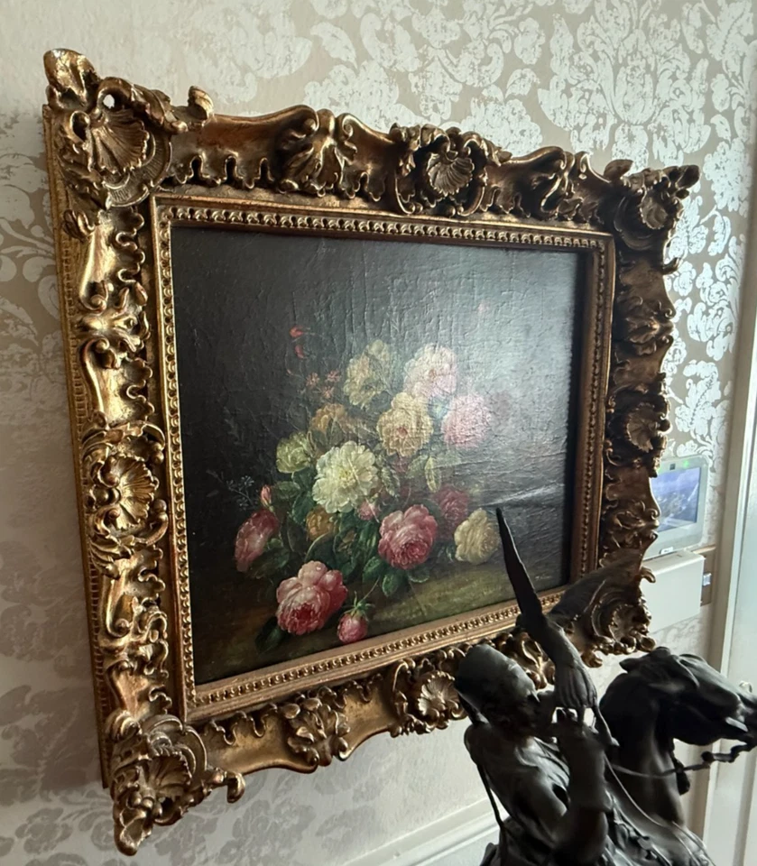30"x26" Ornate Gold Framed Floral Still Life Painting Roses & Peonies Bouquet - Image 3 of 3