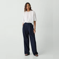 Theory Double Pleat Pants Navy Blue Linen Cotton High Waist Size 4 NWOT