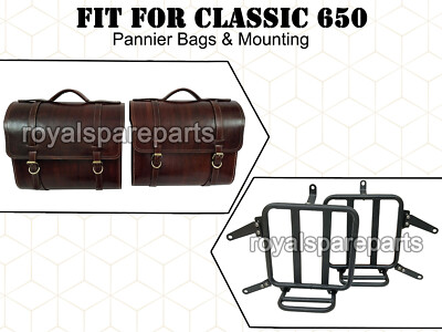 Für Royal Enfield CLASSIC 650 Echtes Leder Pannier Satteltaschen & Montage D21