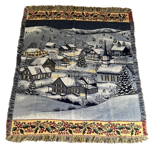 1990 RARE VINTAGE Large AFGHAN THROW 58” X 48” Including Fringe Winter Village