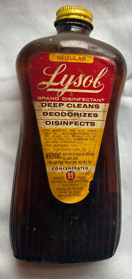 Vintage Lysol Bottle 1950s Era Empty Brown Glass With Cap and Labels 12 ounces