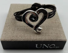 NEW Uno de 50 SER EXPRESIVA Leather Bracelet Silver Plated Heart Black Crystal