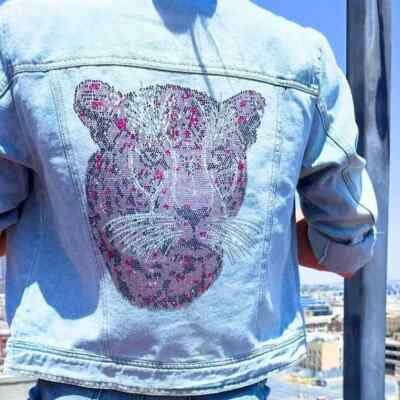 Denim Cropped Pink Panther Jean Jacket Women's Sz S-XL Blue Beaded Long Sleeve