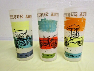 Set Of 3 Frosted Tall Tumblers ''Antique Autos''  Packard Olds Maxwell Collectable