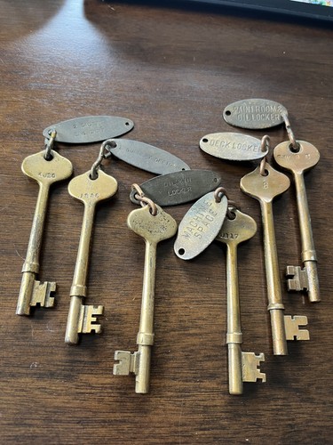 6 Vintage Antique Brass Ship Keys With Room Location Tags See Desc For Details