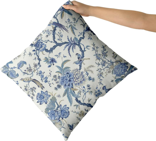Chinoiserie Pillow Covers Set of 2 Blue and White Outdoor Pillows Bule Birds Flo - Picture 3 of 12