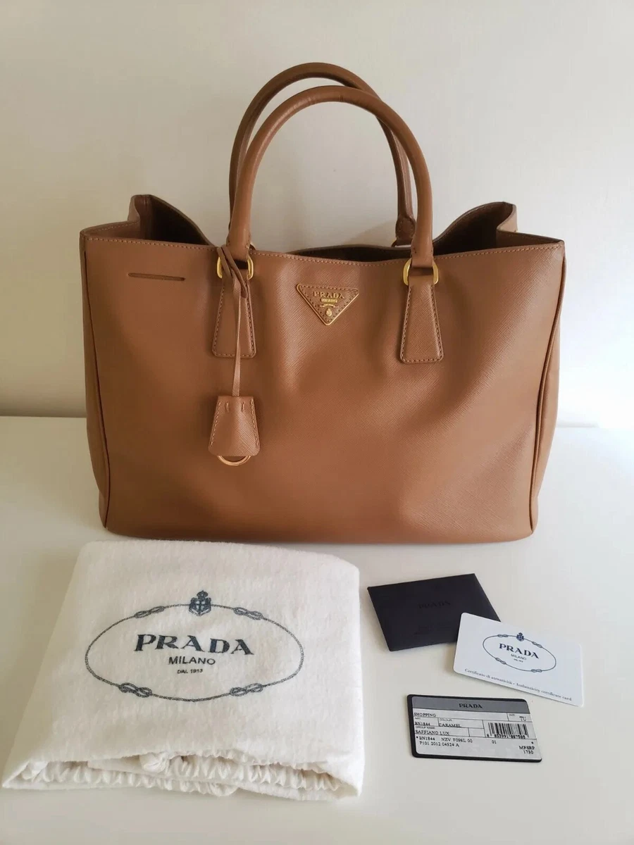 Prada Caramel Saffiano Lux Leather Medium Double Zip Tote Bag