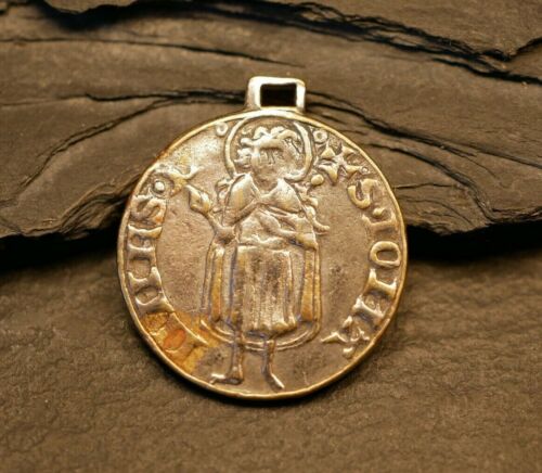 Medaille Anhänger Mit Mittelalterlicher Heiligendarstellung Französische Lilie  - Picture 1 of 7