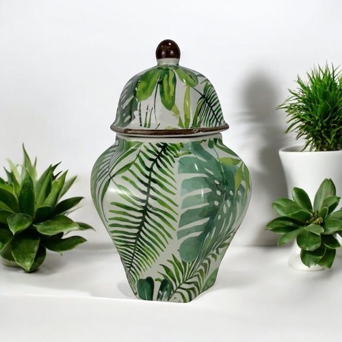 Ceramic Ginger Jar Green Tropic Palm Leaves Pattern Lidded Glossy 26 cm Decor UK - Picture 6 of 8