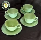 Set of 4 Fire King Jane Ray Teacups & Saucers Vintage Milk Glass