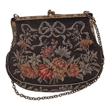 Vintage Austrian Petit Point Floral Evening Bag Silk Lined Clutch Handbag Black