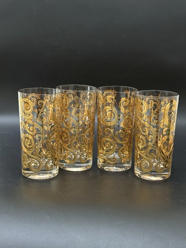 Lot of 4 Vintage MCM Culver Scroll 22k Gold Gilt 5.5” Highball Tumbler Glasses