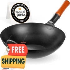 Sartén Wok de Acero al Carbono de 34 cm – Wok de Fondo Plano Precurado para Salt