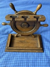 Vintage collectible oak wood 3 Pipe Rack Ship’s Wheel design 1950’s Tobacciana